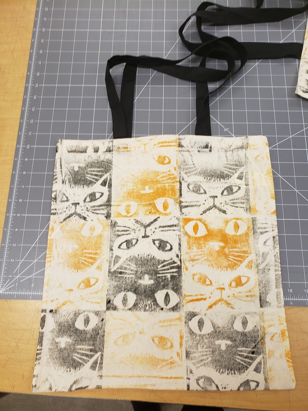 Handprinted Cat Pattern Tote Bag in Yellow and Black